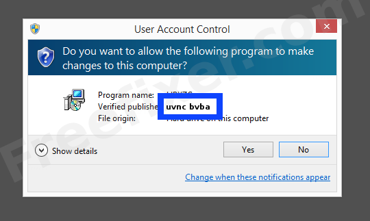 Screenshot where uvnc bvba appears as the verified publisher in the UAC dialog